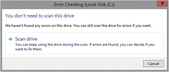 Check Disk is available by tapping or clicking Check on the Tools tab in the Properties dialog box. Use it to check a disk for errors and repair them.