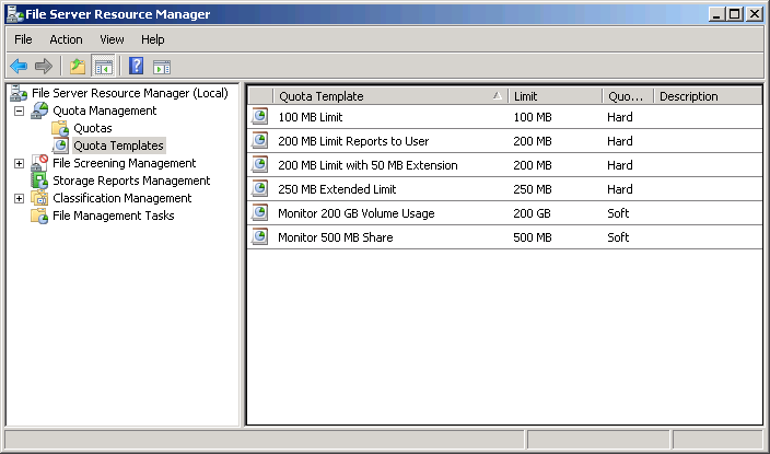 The default quota templates in the File Server Resource Manager Console.