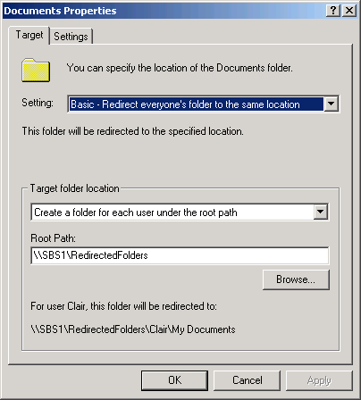 The Properties sheet for a Folder Redirection policy.