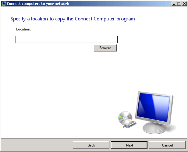 The Specify A Location To Copy The Connect Computer Program page in the Connect Computers To Your Network Wizard.