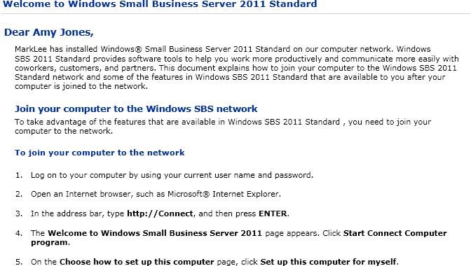 The Getting Started page for a Windows SBS 2011 user.