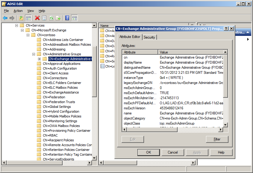 A screen shot of the ADSIEdit utility showing how the Exchange configuration data are stored under the CN=Services root. The properties of the default Exchange Administration Group are exposed to show which values they contain.