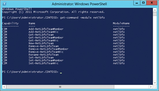 Obtaining a list of cmdlets for configuring and managing NIC teaming.