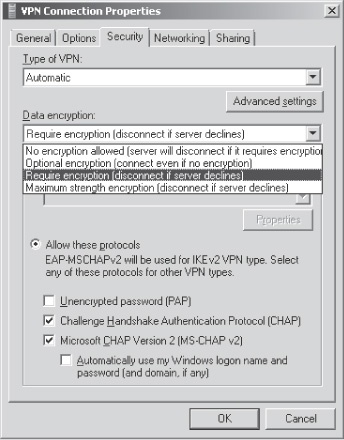 Configuring data encryption in the VPN connection