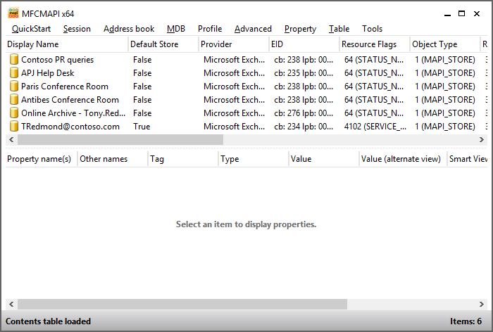 A screen shot of the basic information that is visible when a user logs on to the MFCMAPI utility through an Outlook profile. All the resources included in the profile are visible, and the user now can open one of those resources such as his own mailbox.