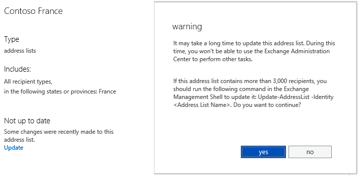 The details pane of EAC indicates when an address list has to be refreshed. Here, the selected address list is not up to date, nor is the informational message displayed by EAC to say that it might take some time to refresh an address list in a large organization.