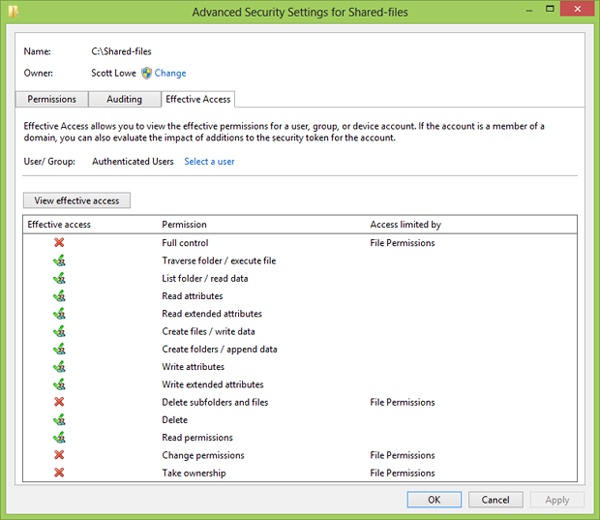 The Effective Access tab in the Advanced Security Settings window