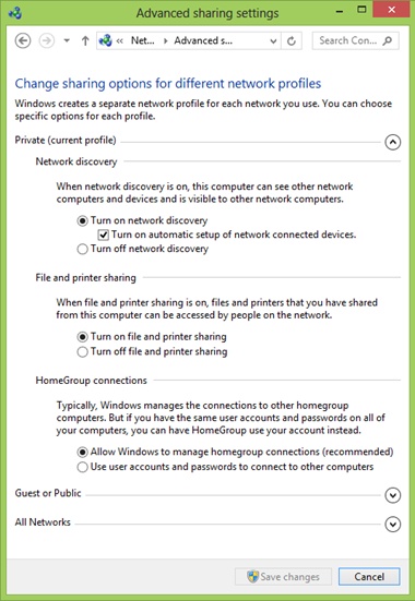 The Advanced Sharing Settings for the Private network profile