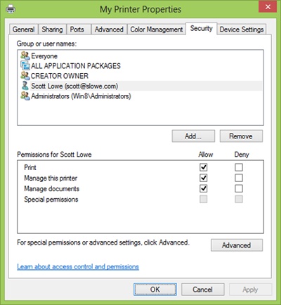 Setting printer sharing permissions on the Security tab in the My Printer Properties dialog box