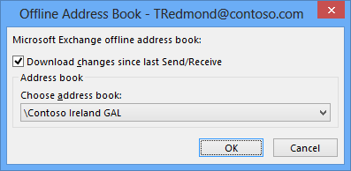 A screen shot from Outlook 2013 showing that when a user downloads her copy of the OAB, it is based on a different GAL (the Contoso Ireland GAL).