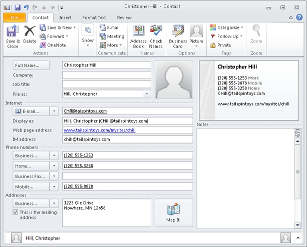 You can manage a wealth of information about each contact with Outlook 2010.