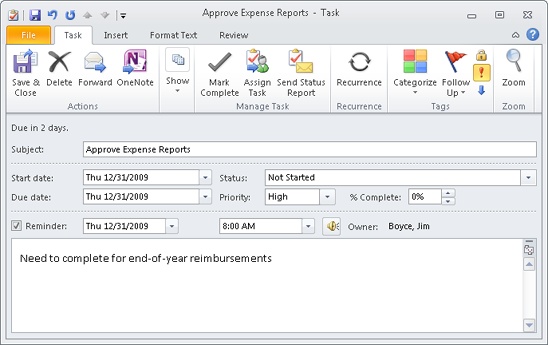 Use Outlook 2010 to manage tasks.
