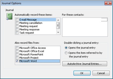 Configure your journal using these Outlook 2010 options.