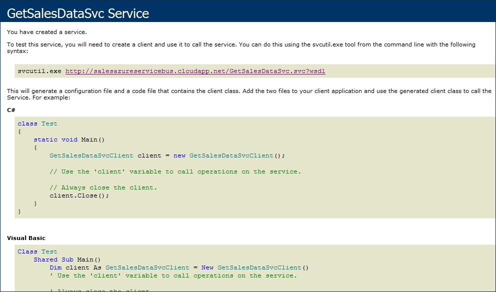 The WCS service description page hosted in Windows Azure.