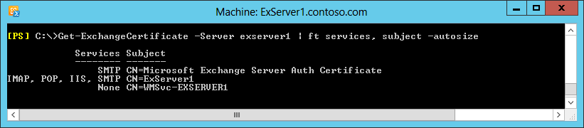 A screen shot showing the Get-ExchangeCertificate command being run to display information about the three default certificates installed on an Exchange 2013 server.