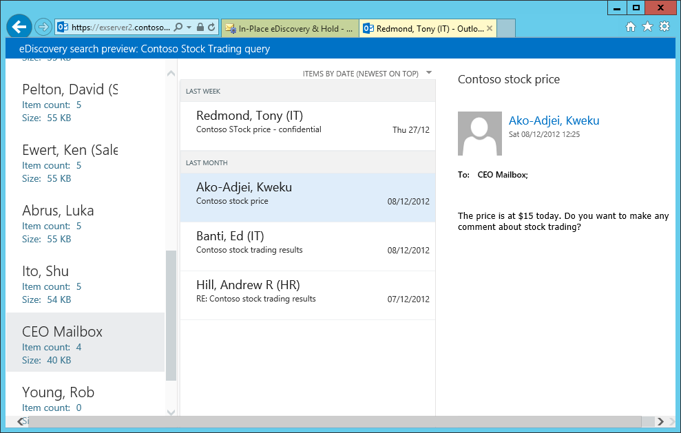 To preview search results, EAC invokes a special instance of Outlook Web App to display the results from the source mailboxes. This screen shot shows how the results are presented, with a list of the source mailboxes to the left and the items found in the selected mailbox shown in the middle and to the right.