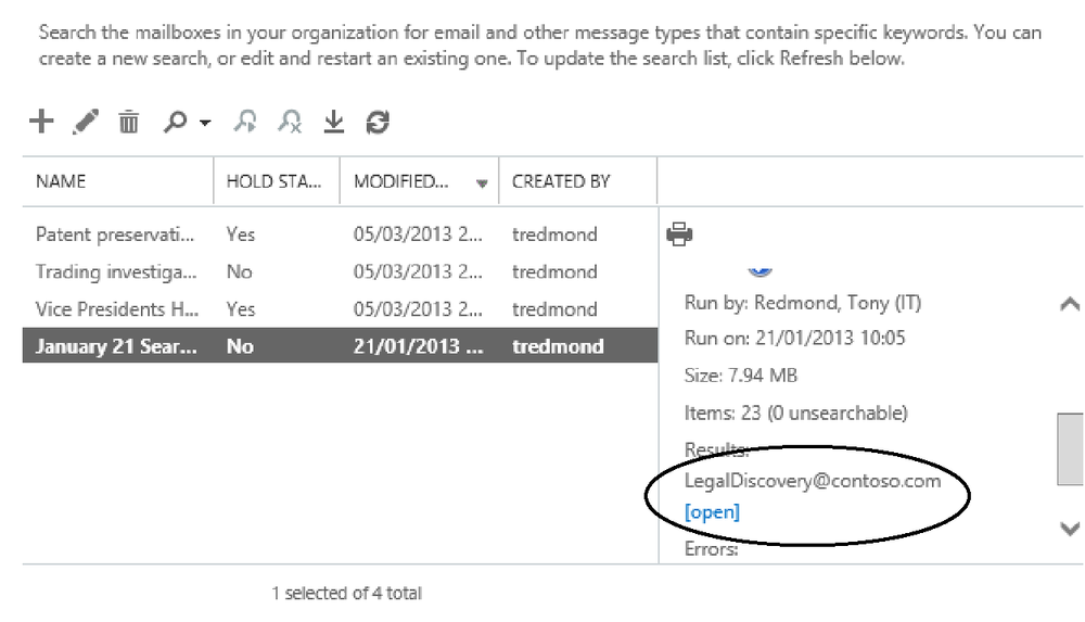 This screen shot focuses on the link EAC provides to open the discovery mailbox used to copy items identified in a search. Clicking the link opens the mailbox with Outlook Web App.