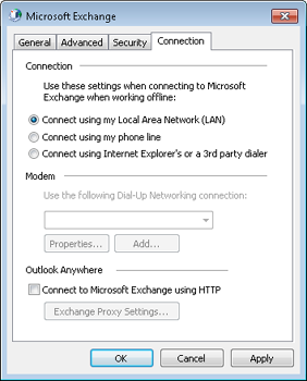 Use the Connection tab to specify how Outlook 2010 connects to Exchange Server.