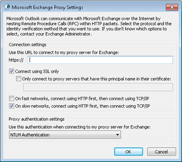 Specify settings for the HTTP connection in the Microsoft Exchange Proxy Settings dialog box.