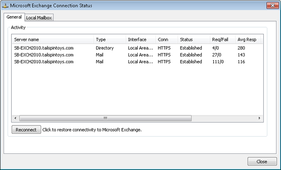 Determine the connection type in the Microsoft Exchange Connection Status dialog box.
