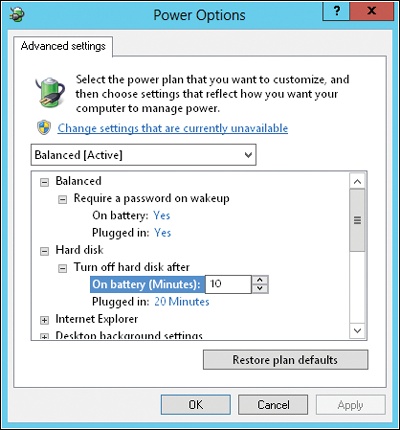 Use the Power Options dialog box to configure advanced power options.