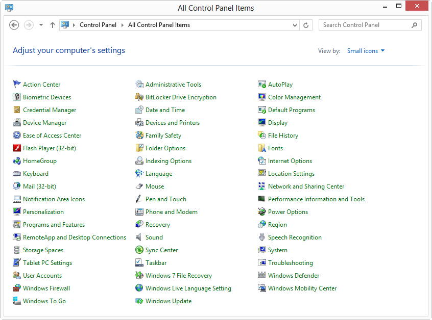 The full Control Panel in Windows 8