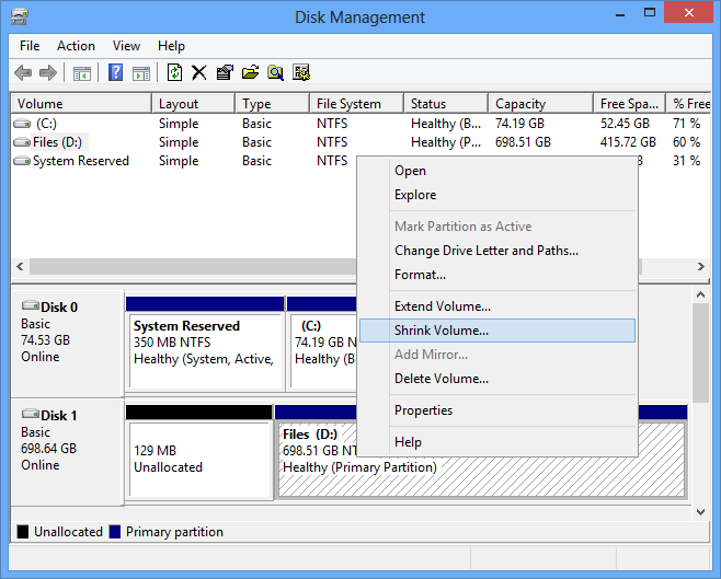 Shrinking a partition in the Computer Management Console