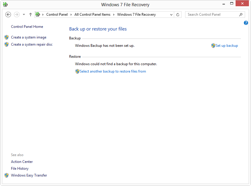 The Windows 7 File Recovery panel