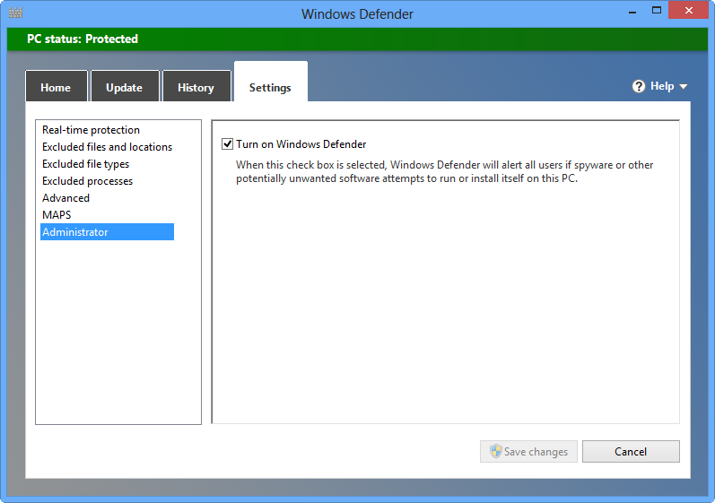 Use the Administrator settings in Windows Defender’s Administrative to switch it off