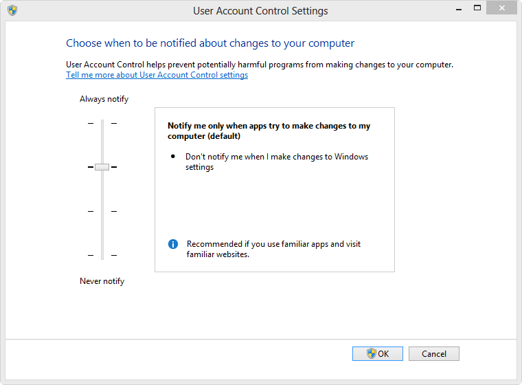 Setting the UAC level in Windows 8