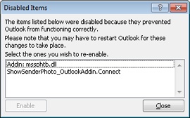 Use the Disbaled Items dialog box to view and manage disabled items.