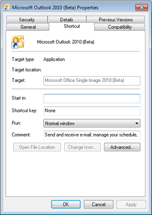 A typical Properties page for an Outlook 2010 shortcut.