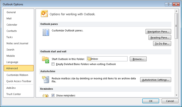Use the Advanced Options dialog box to specify the Startup view.