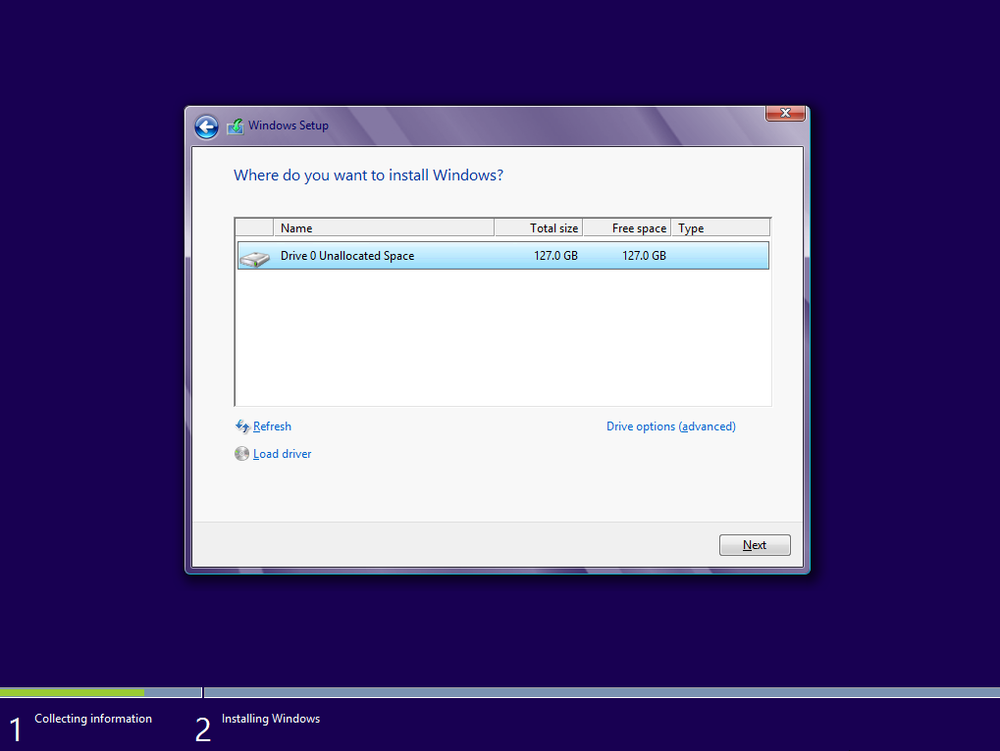 Choosing the installation disk in Windows 8