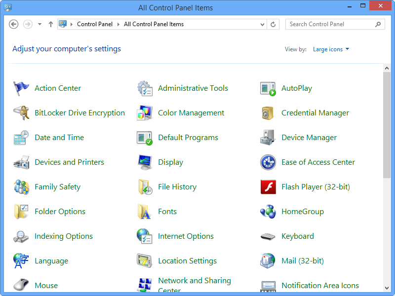 The desktop Control Panel in Windows 8