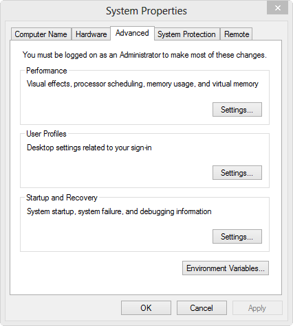 The Advanced tab in the System Properties dialog box in Control Panel