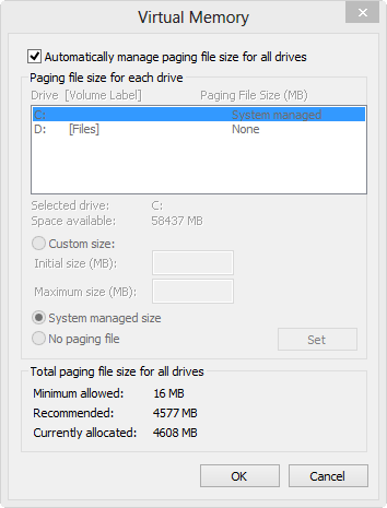 Setting the virtual memory page file size