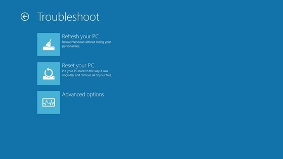 Refresh Your PC and Reset Your PC are the first options in the Troubleshoot menu