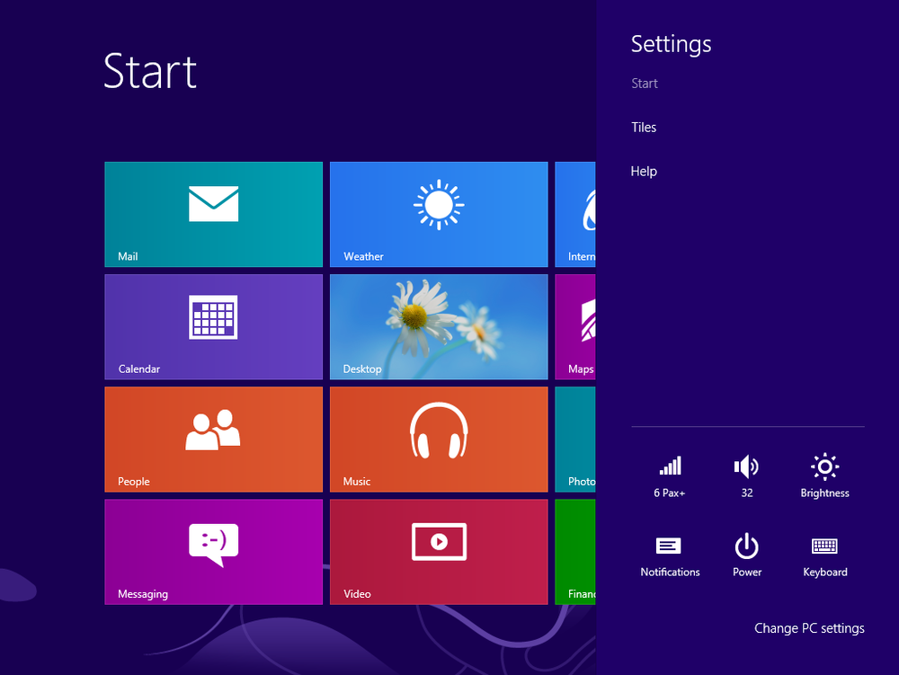 The Settings panel on the Start screen