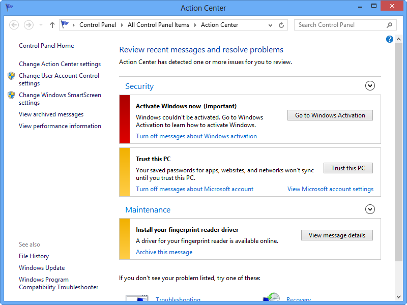 The Action Center in Windows 8