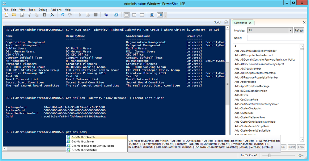 A screen shot of the PowerShell ISE being used to write code for Exchange 2013. Several commands that have been executed are visible, including Get-Mailbox and Get-User, and the current input is Get-Mailbox, to which ISE responds with a list of all the matching commands starting with Get-MailboxSearch.