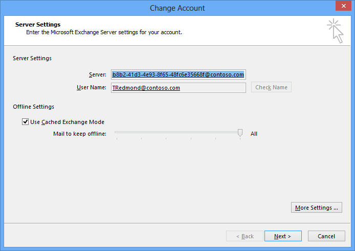 A screen shot showing how Outlook displays the GUID that identifies an Exchange 2013 mailbox when it configures a profile to access the mailbox.